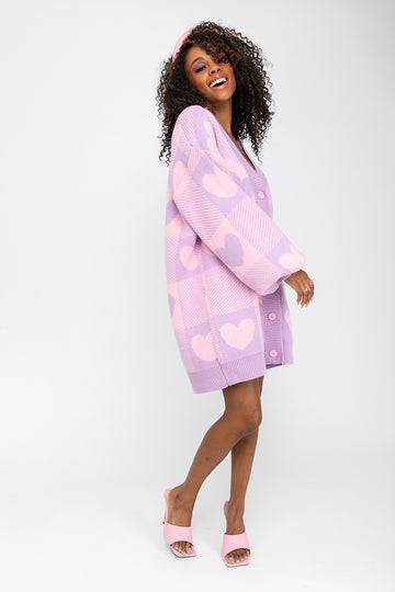 Chrissa Sparkles Lilac Pink Gingham Hearts Oversized Cardigan fully body view showing sleeve
